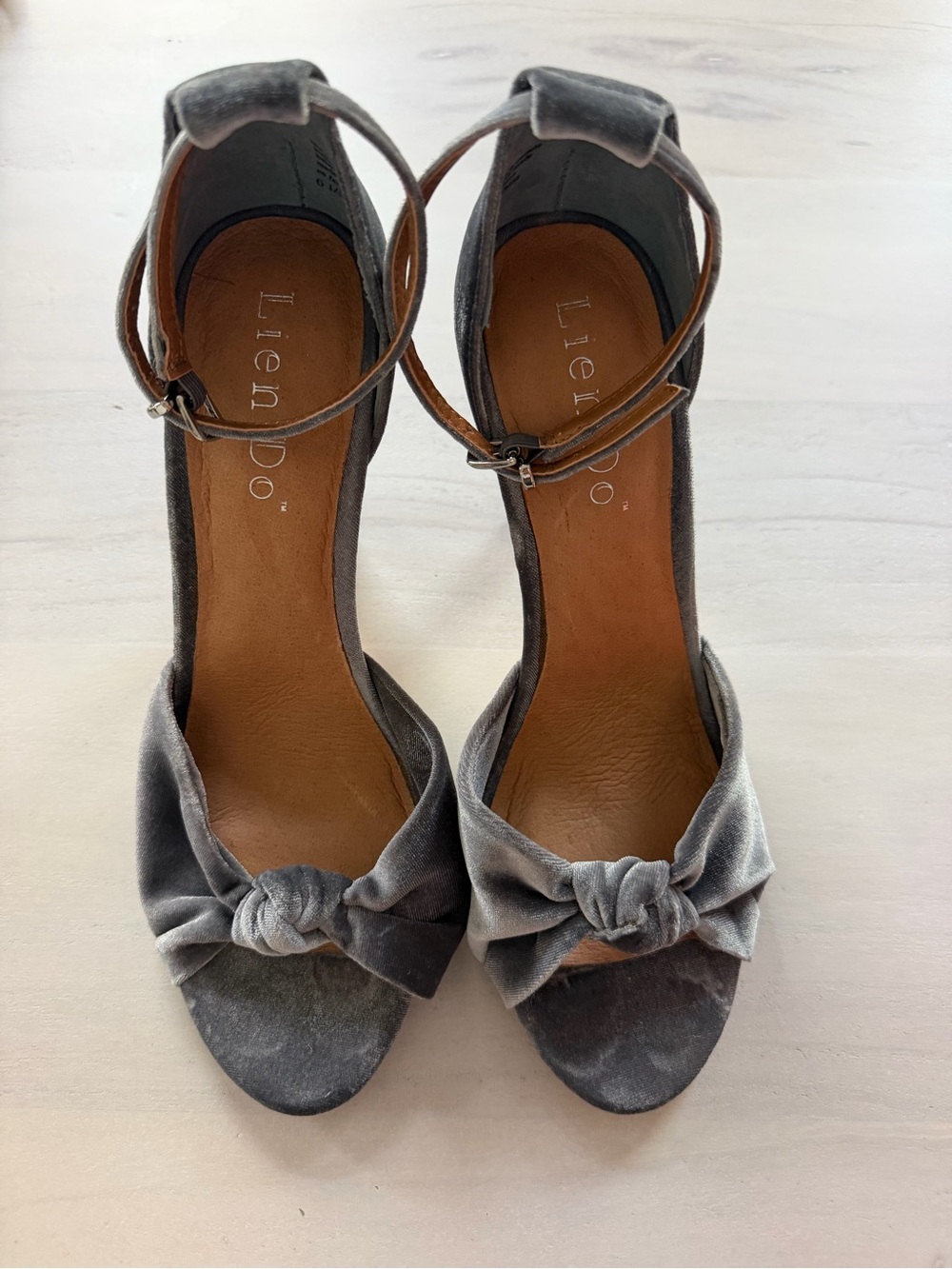 Anthropologie LIEN DO Gray Velvet Ankle-Strap Knot Sandals